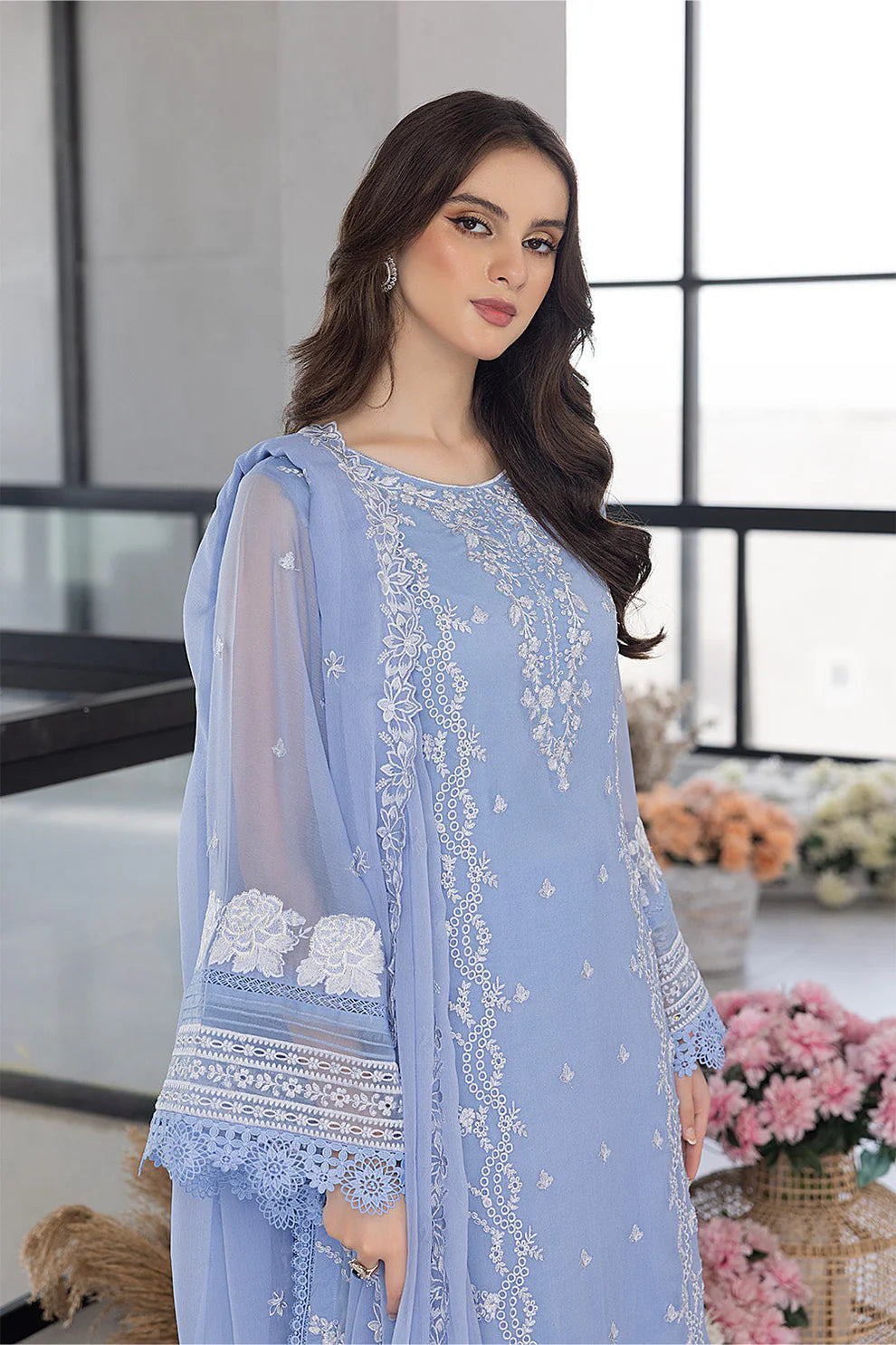 AZURE - 3Piece ORGANZA EMBROIDERED LAWN SHIRT WITH ORGANZA EMBROIDERED DUPATTA AND TROUSER-ORC-029