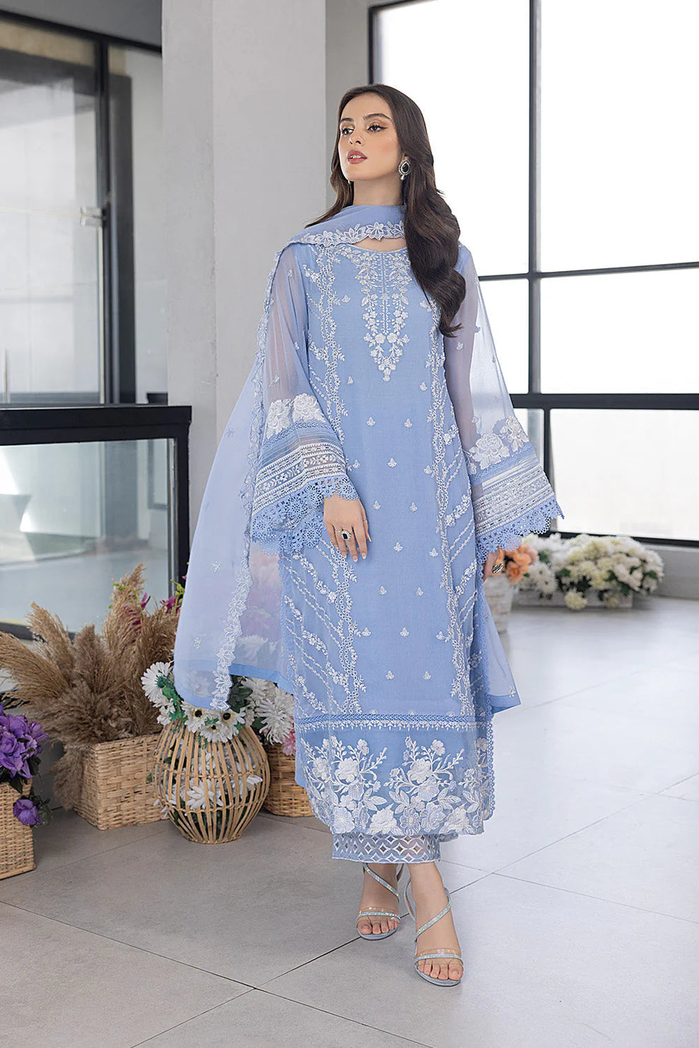 AZURE - 3Piece ORGANZA EMBROIDERED LAWN SHIRT WITH ORGANZA EMBROIDERED DUPATTA AND TROUSER-ORC-029