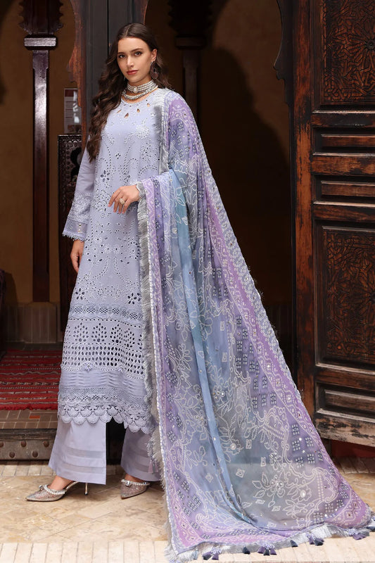 NUREH-3Piece LAWN CHIKANKARI EMBROIDERED SHIRT WITH MONARK PRINTED DUPATTA AND EMB TRPUSER-ORC-072