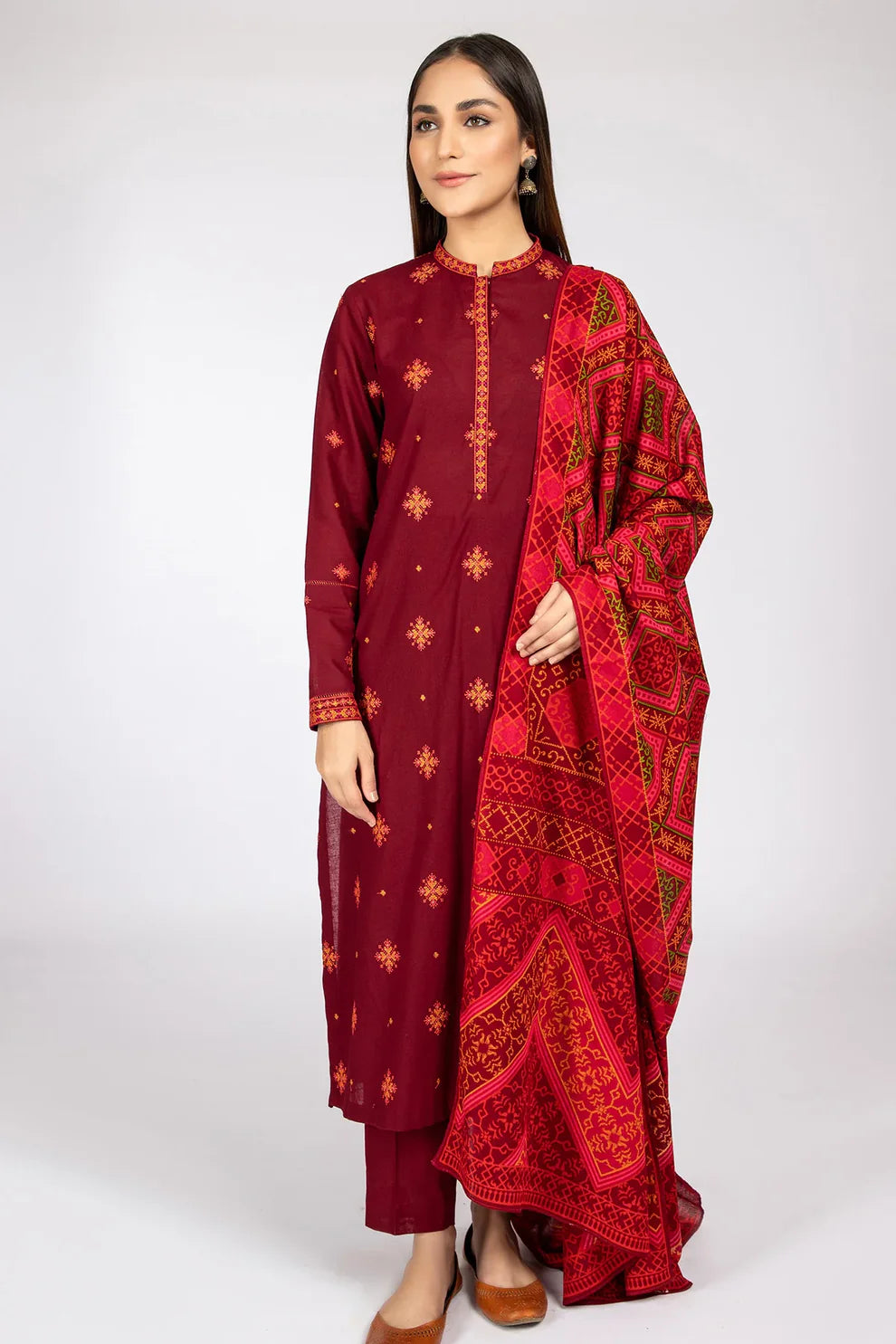 KAYSERIA- 3Piece LAWN EMBROIDERED WITH MONARK PRINT DUPATTA & TROUSER-ORC-038