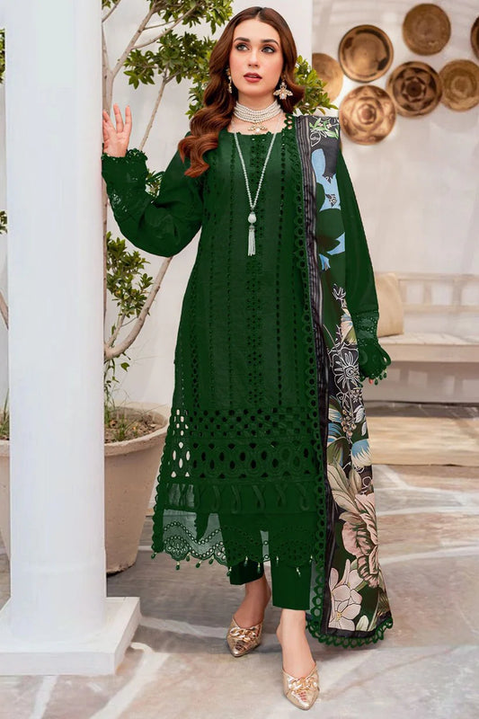 MARIA B-3Piece CHIKANKAARI LAWN EMBROIDERED SHIRT WITH MONARK PRINT DUPATTA AND TROUSER-ORC-045