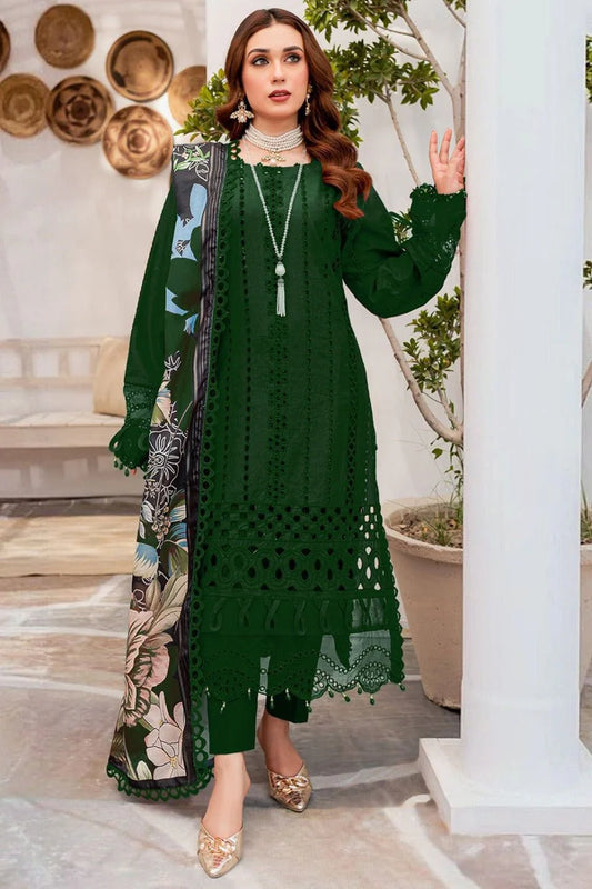 MARIA B-3Piece CHIKANKAARI LAWN EMBROIDERED SHIRT WITH MONARK PRINT DUPATTA AND TROUSER-ORC-045
