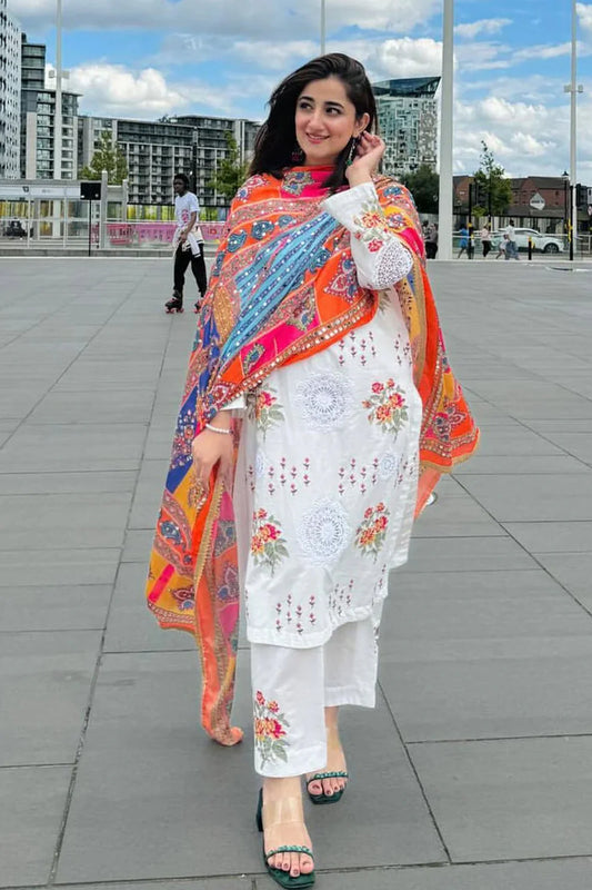 NIMRA MEHRA-3Piece LAWN EMBROIDERED SHIRT WITH MONARK PRINTED DUPATTA & EMB TROUSER-ORC-017