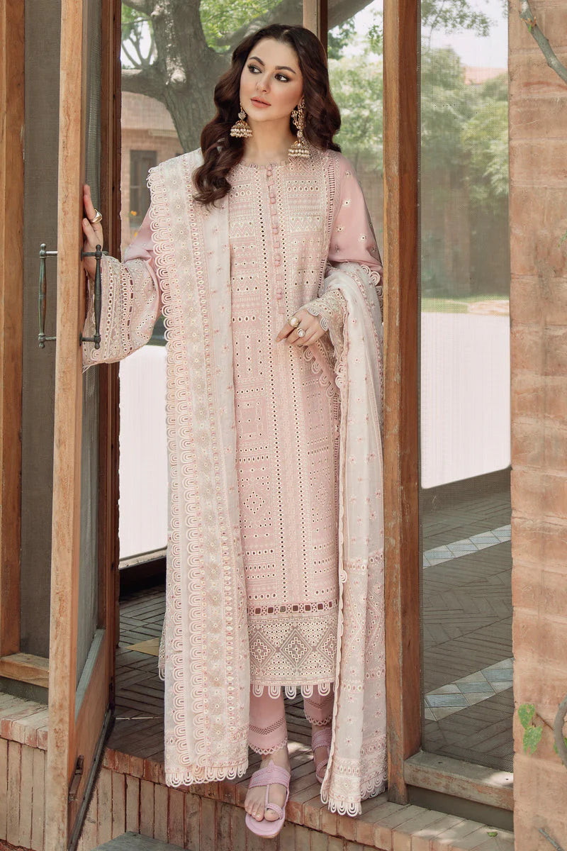 JAZMIN-3Piece LAWN LASERCUT EMBROIDERED SHIRT WITH MONARK EMBROIDERED DUPATTA AND TROUSER-ORC-064